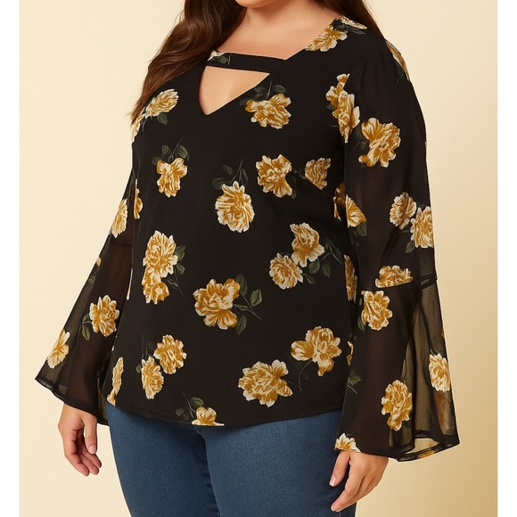 torrid Tops - Plus Size Torrid Floral Black and Yellow Women's Top